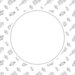 Food frame. doodle fast food circle frame. hand drawn food and beverage frame background. food background