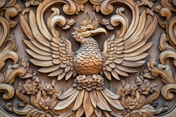 Classic Thai wooden wall carvings in a temple
