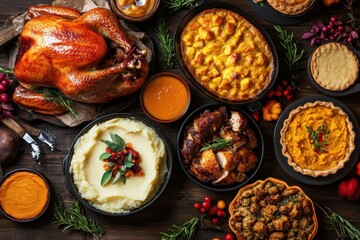 Classic Thanksgiving feast Aerial view of a rustic wooden table with turkey mashed potat