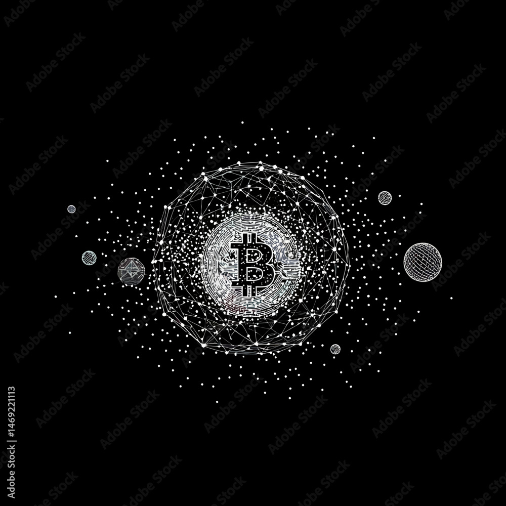 Poster futuristic digital bitcoin symbol surrounded by interconnected geometric wireframe spheres and parti