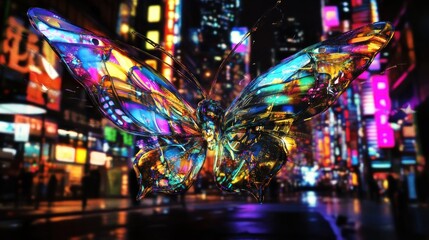 Naklejka premium Digital butterfly with iridescent wings, city lights backdrop, modern art