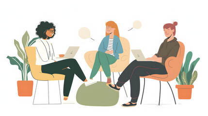 Three women sitting in chairs with laptops having a conversation in a bright and airy office space