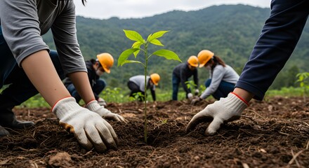Group planting trees outdoors