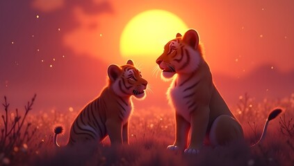 Stunning 3D animated tiger and cub gazing at a vibrant sunset with glowing lights. Ideal for wildlife art, nature themes, or emotional designs.