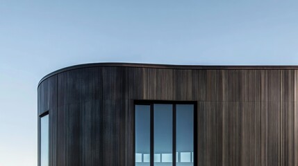 Fototapeta premium Modern, curved wooden building facade against a clear sky.