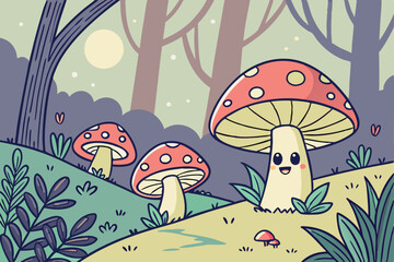 58 cute cartoon mushrooms, whimsical forest scene, colorful illustration, fantasy landscape, magical atmosphere, vibrant colors, soft lighting, detailed digital art