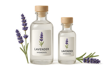 Two glass bottles of lavender hydrosol with a wooden cork, accompanied by lavender flowers. Concept Lavender Hydrosol Bottles, Aromatherapy Products, Natural Skincare, Floral Aesthetics