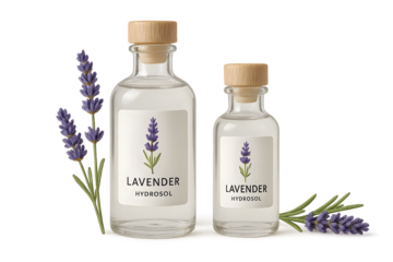 Two glass bottles of lavender hydrosol with a wooden cork, accompanied by lavender flowers. Concept Lavender Hydrosol Bottles, Aromatherapy Products, Natural Skincare, Floral Aesthetics