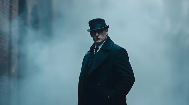 Dark Stylish Man In 1920s Outfit Amidst Fog