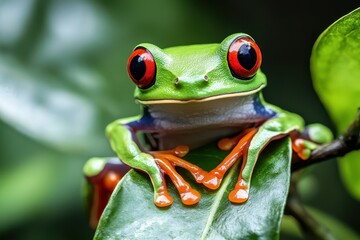 Fototapeta premium Close up of red eyed tree frog on leaves and branch