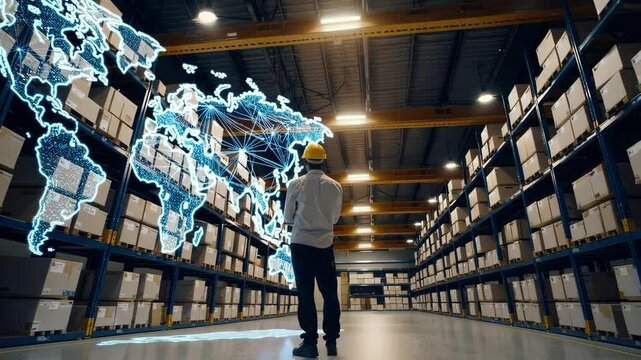 Warehouse logistics with futuristic global network visualization in action
