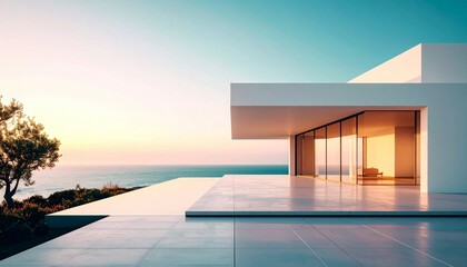 Fototapeta premium Modern Coastal Architecture with Ocean View at Sunset