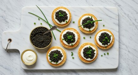 Elegant Caviar Presentation On Marble Board with Blinis Cream and Chives in a Luxurious Setting