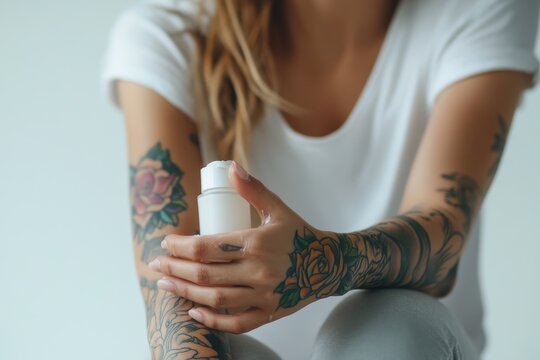 Closeup of a tattooed arm being creamed by a woman against a light backdrop