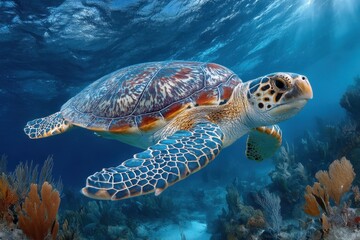 Fototapeta premium Graceful Sea Turtle Gliding Through Tropical Ocean, Undersea Marine Life, Beautiful Light Rays, Coral Reef Ecosystem