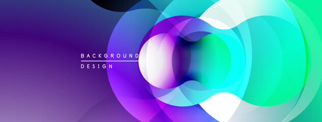 Abstract vibrant circles overlap. Gradient purple, blue, green hues create modern design. Smooth transitions, dynamic composition.