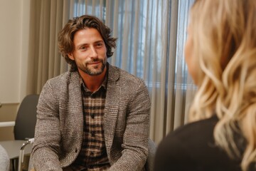 Fototapeta premium Well-dressed man listens intently during a discussion in a modern office, while a woman sits opposite him