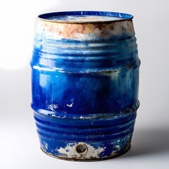 Rustic Blue Metal Barrel Vintage Industrial Stock Photo isolated on white Background