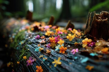 Fallen Tiny Flowers Adorning a Mossy Log in Forest, Displaying a Tapestry of Colors and Textures in a Woodland Scene