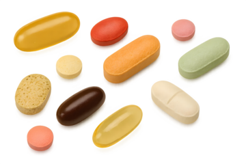 A variety of dietary supplements and vitamins in different shapes and colors, including capsules and tablets. Concept Dietary Supplements, Vitamin Capsules, Colorful Tablets, Health Benefits