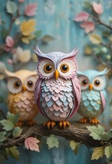 Naklejka premium Charming Trio of Paper Owls on a Branch Adorned with Pastel Leaves A Whimsical Forest Scene Featuring Cute Fowl Perched Together in a Colorful Woodland Setting