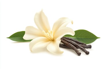 Delicate light beige vanilla flower with pods and leaves on a white backdrop