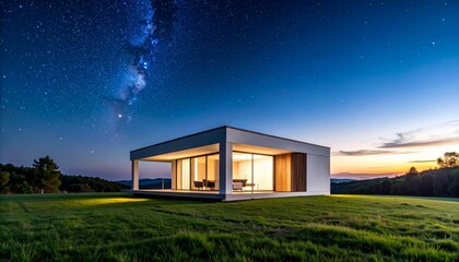 Modern Minimalist House Surrounded by Nature and Starry Sky