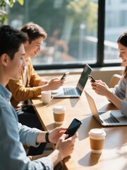 Team enjoys coffee break using phones, Generative AI