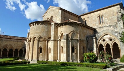 Historic Stone Church Surrounded by Lush Greenery and Blue Sky