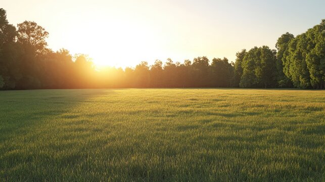 Golden sunset over a grassy field with trees.  Possible use Stock photo for nature, serenity, or backgrounds