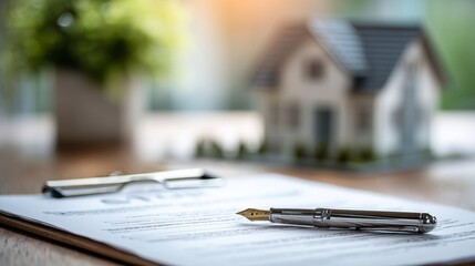 Document for property purchase with house model in the background during daylight hours