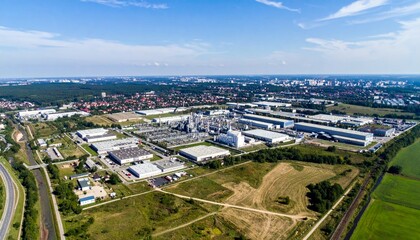 Fototapeta premium Aerial View of Industrial Complex with Green Landscape and Cityscape