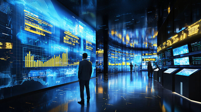 A futuristic financial trading floor powered by AI algorithms, showcasing advanced technology and digital trading systems.

