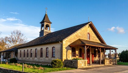 Fototapeta premium Beautiful Historic Church Exterior with Tower and Blue Sky