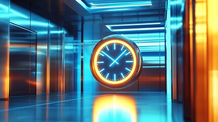 Neon Clock Futuristic Corridor.