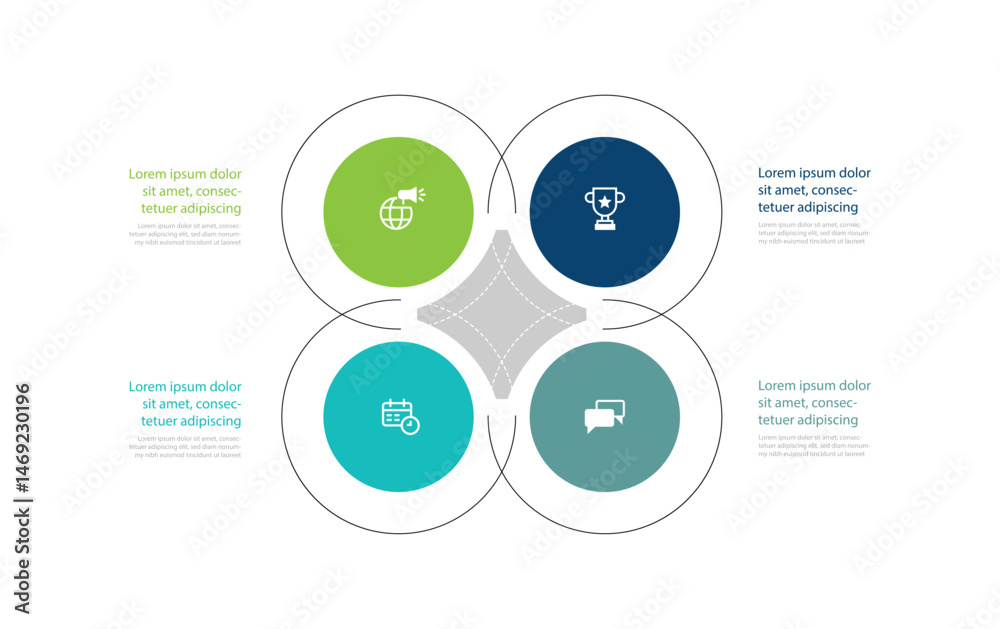 Poster 4 circle line template infographic with icons suitable for business information and web presentation.