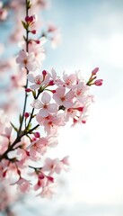 Obraz premium Blooming pink cherry blossoms on branch against soft sky background