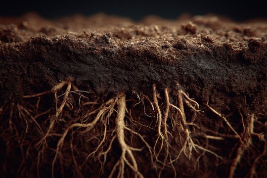 Ground Cross Section Showing Rich Soil Profile and Root System Close-Up for Agriculture, Gardening, or Environmental Science