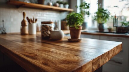 Clean and Modern Wooden Kitchen Island with Fresh Green Plants