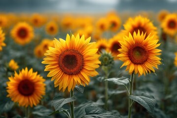 Obraz premium Sunflower Field with Vibrant Yellow Petals and Green Leaves in a Natural Outdoor Setting, Floral Agriculture