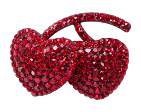 Studded cherry-red crystal brooch with two heart-shaped cherries isolated on a transparent background - Powered by Adobe