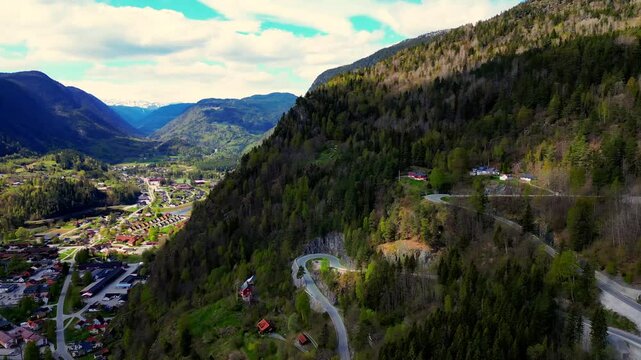 Panorama of a little town and a lake in the valley