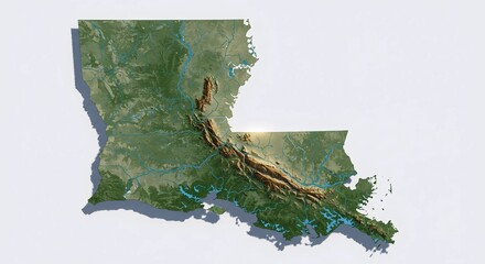 3D Relief Map of Louisiana, USA: Detailed Topography