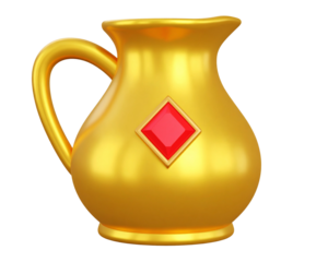 3D icon of a golden jug with a red diamond emblem isolated on a transparent background
