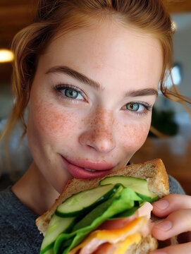 Junge Frau mit Sommersprossen isst ein Sandwich mit Avocado.