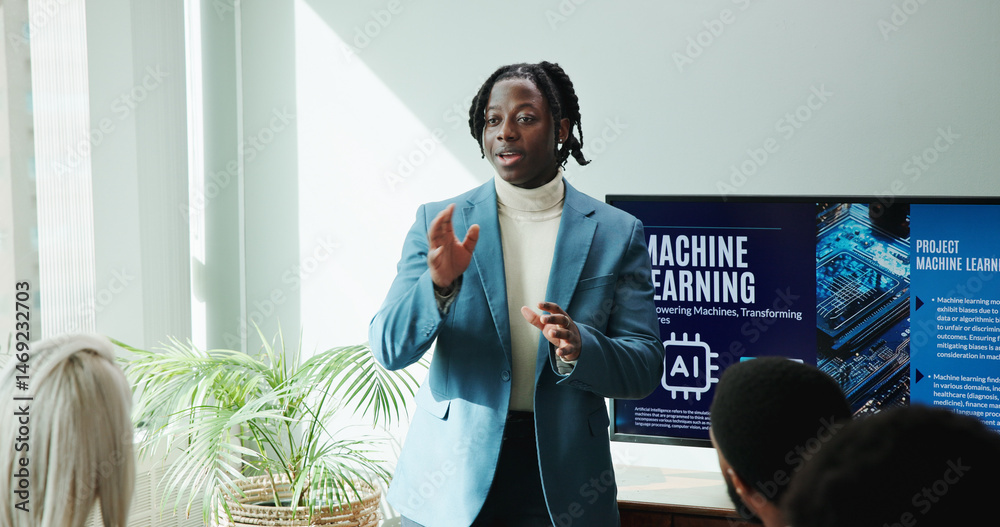 Poster Businessman, talking and presentation of idea in conference room for ai innovation or machine learning. Speaker, meeting or pitch proposal to group for computer science, tech or development in office