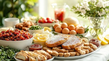 Abundant brunch spread with various breakfast items.  Freshly prepared breakfast feast with assorted foods like eggs, toast, fruit, jams, and more.  A table laden with breakfast items