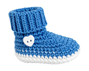 A photo of a baby bootie being knitted with blue yarn and white heart-shaped buttons isolated on a transparent background