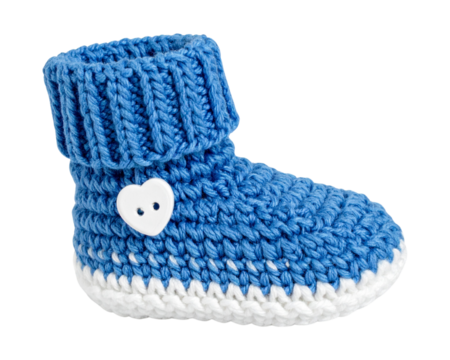 A photo of a baby bootie being knitted with blue yarn and white heart-shaped buttons isolated on a transparent background