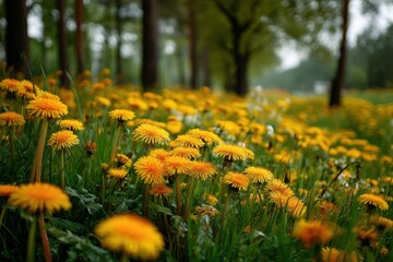 Fototapeta premium Dense field of vibrant yellow dandelions flourishing amidst tall green grass, with blurred woods background during springtime.